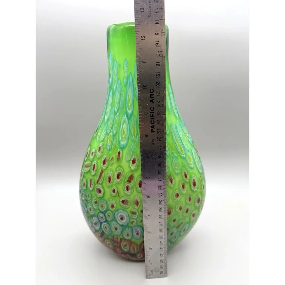 VTG DS Studio Green Peacock Eye Murrine Glass Vase Millefiori Murano Style 12.5
